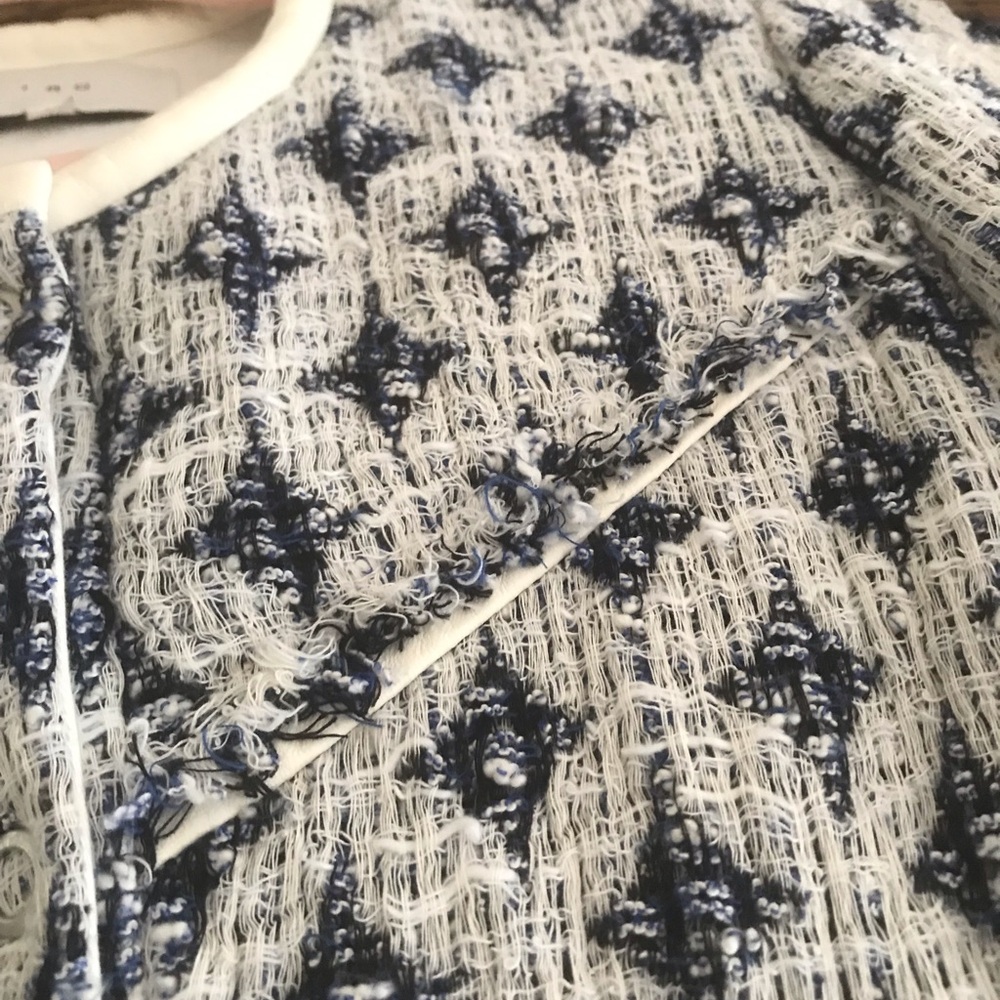 IRO blue/white diamond pattern jacket with white  lamb leather trim, frayed edge - Picture 5 of 13